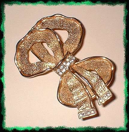 Elegant Ribbon Pin Satin Gold w Rhinestones 9350