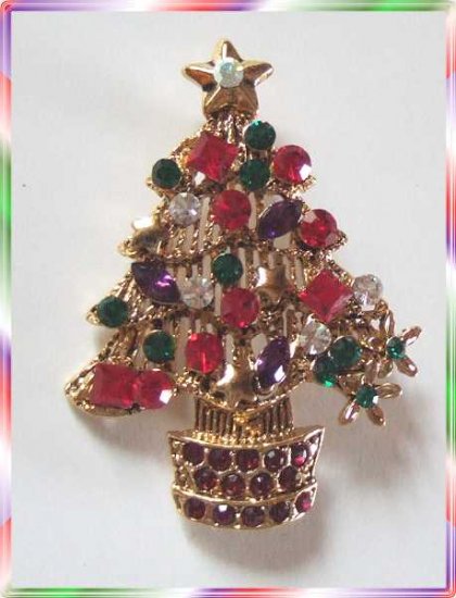 Christmas Tree Pin Superb Red Green Purple Rhinestones 9581