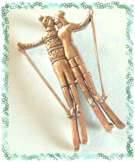 Sterling Silver Pin Kissing Christmas Skiers Signed Mia 9477