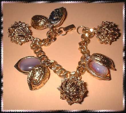 Vintage Charm Bracelet Antique Gold Berries Glass Nuts 9384