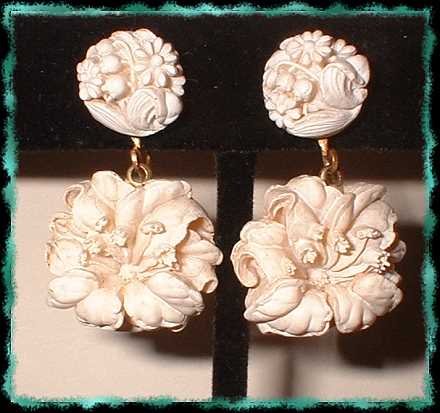 Antique Ivory Carved Celluloid Earrings Lovely Day Lily