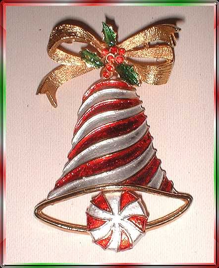 Christmas Bell Pin Rare Vintage MYLU Candy Cane 9417