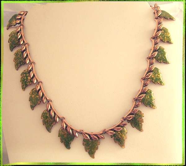 Matisse Copper Enamel Necklace Gold Green Leaves 8708