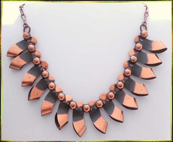 Vintage Copper Necklace Renoir Ribbons w Ball Beads 9672