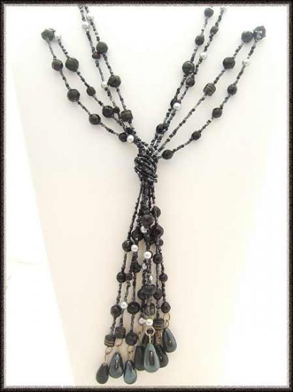 Murano Black Glass Long Tassel Necklace Vintage 1950s 9527