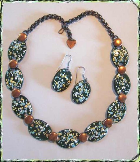 Vintage Copper Enamel Necklace w Earrings Splattered 9651