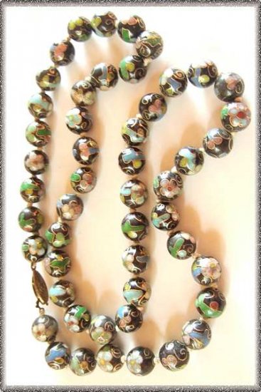 Antique Cloisonne Necklace Black w Flowers Old Clasp