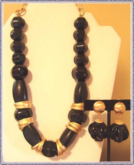 Anne Klein Necklace w Earrings Chunky Black Satin Gold 9528