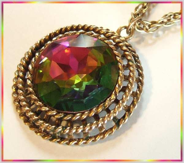 Vintage Crystal Necklace Big Watermelon Rivoli Pendant 9518