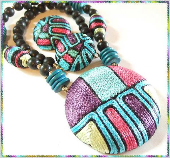 Retro Modern Big Silk Necklace w Earrings Super Colors 9529