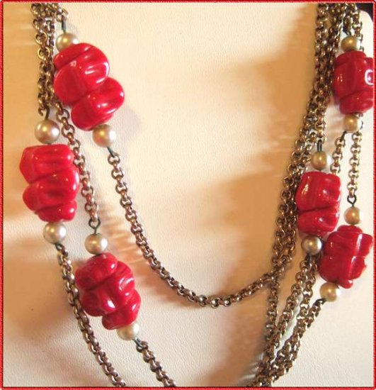 Red Glass Necklace Old Czech Bohemian w Rolo Chain 9523