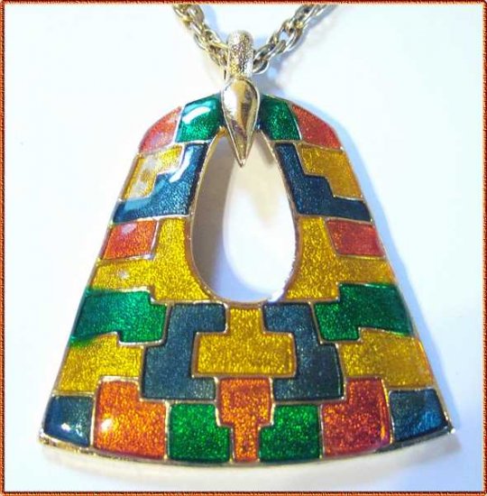 Retro Modern Cloisonne Necklace Medallion w Gold 9510