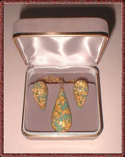24 kt Gold Flake Necklace w Earrings Custom Parure 9376