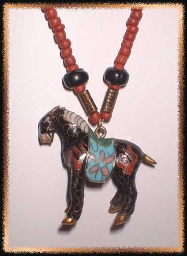 Chinese Bead Necklace w Cloisonne Horse Pendant 9380
