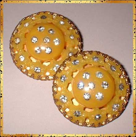 Celluloid Earrings Lemon Yellow w Rhinestones 1940s 9273