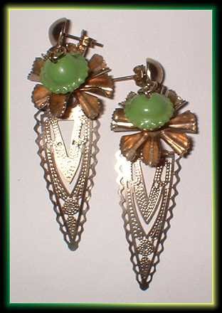 Lime Green Earrings Vintage Gold Filigree Dangles 7295