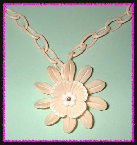 Antique Celluloid Necklace 1930s Ivory Flower w Chain 8855