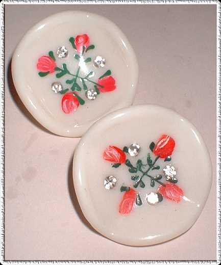 Celluloid Earrings Inset Rhinestones Hand Painted 1940s 8539