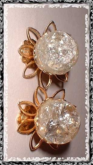Glass Earrings Vintage Clear Crackled Glass Flower Orbs 9153
