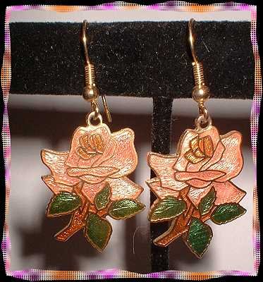 Cloisonne Earrings Vintage Pink Roses w Leaves Pierced 9063