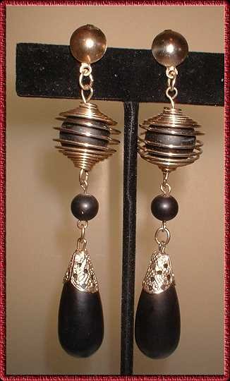 Retro Modern Earrings Vintage Black Wood w Gold 9066