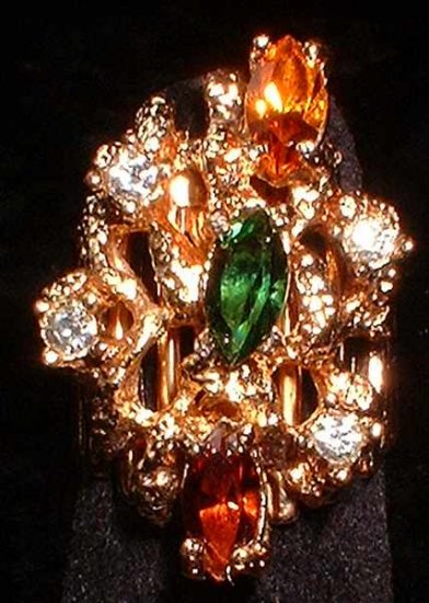 Vintage Gold Nugget Cocktail Ring Glass w Rhinestones 7022