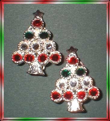 Christmas Tree Earrings Silver Red Green Rhinestones 8929
