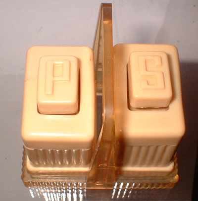 Vintage Carvalite Celluloid Push Button Salt Pepper Set w Holder 7085