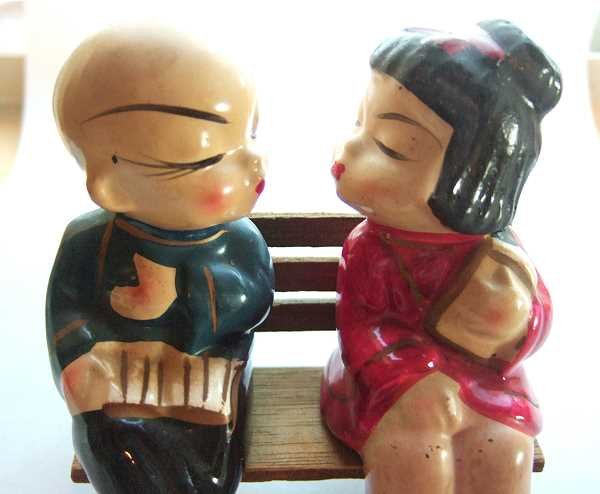 Early Vintage Oriental Kissing Boy Girl on Bench Salt Pepper 6318