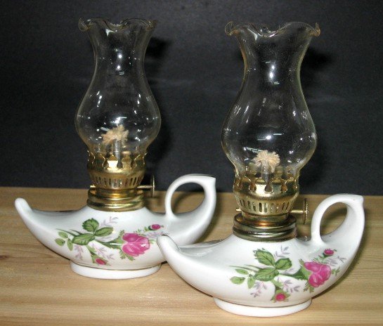 Porcelain & Crystal Oil Lamps - Pair - NEW -