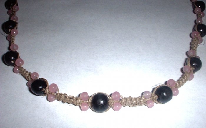 Pink and Black Bead Hemp Choker Necklace