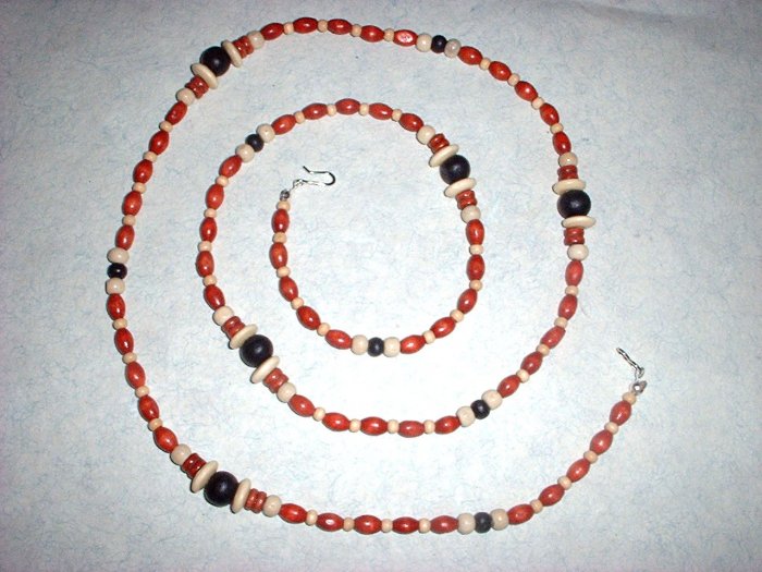 Long Wood Bead Necklace in Red White and Black