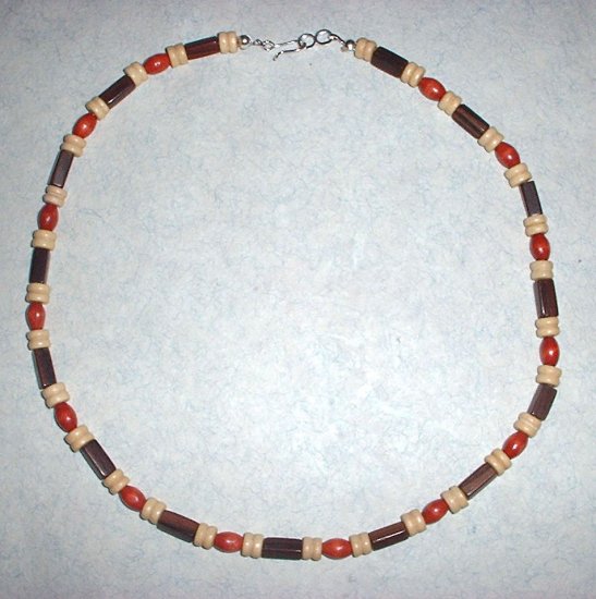 Brown Red and White Wood Bead Choker Necklace