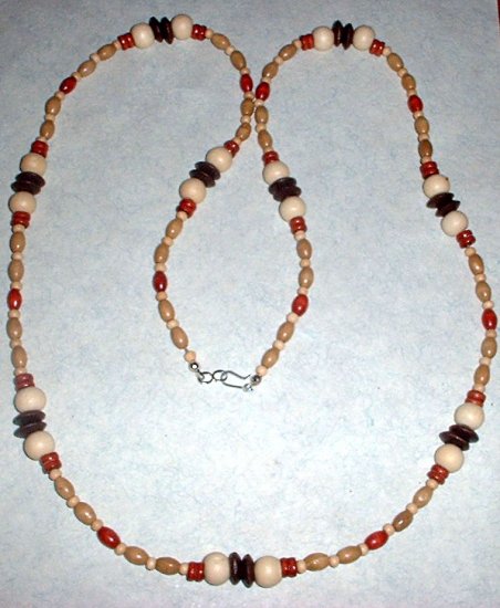 Long Wood Bead Necklace White Tan Brown and Red
