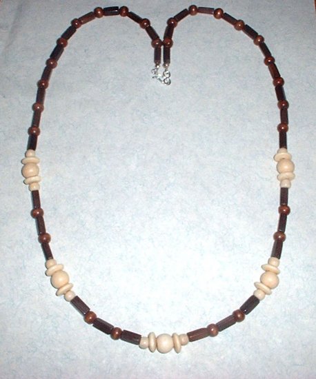 Long Brown and White Wood Bead Necklace