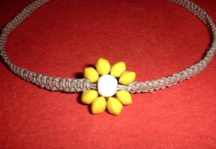 Hemp Choker Necklace with Yellow and White Glass bead Flower