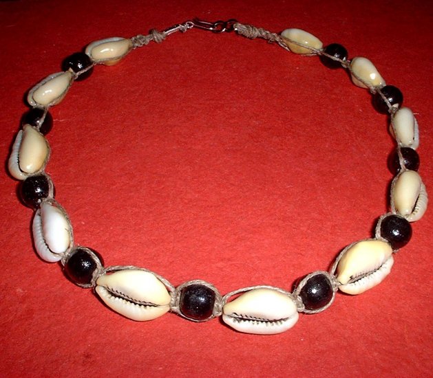 Hemp Necklace Choker with Cowrie Shells and Black Wood Beads