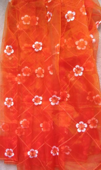 Embroidered Sheer Panel - Flower - red orange