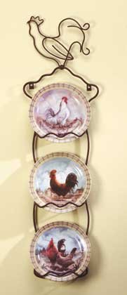 31185 4-Piece Porcelain Rooster Plate Set With Display
