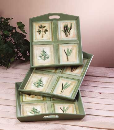 31582 Green Leaf Motif 3 Pc Tray Set