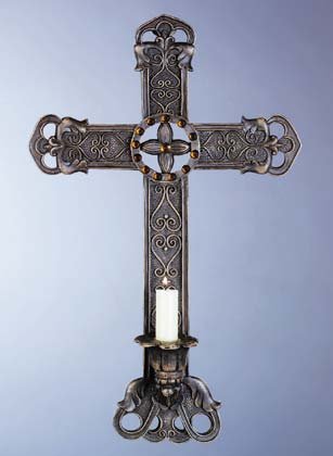 33527 Antique-Look Cross Candle Holder with Amber Glass