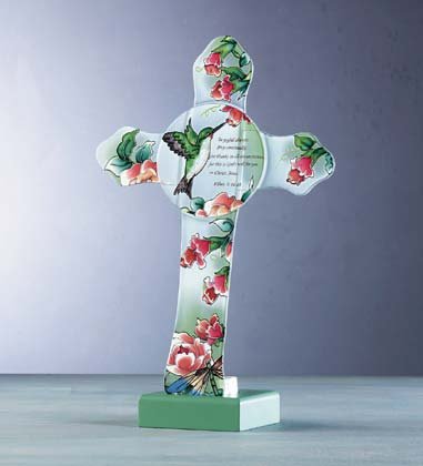 33605 Frosted Glass Cross Votive Holder with Hummingbirds