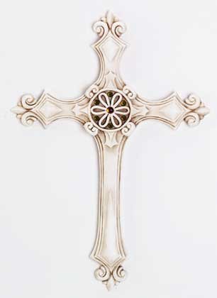 34171 Ivory-Finish Wall Cross with Fleurs-de-Lis and Amber Rhinestones