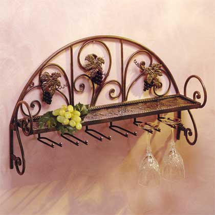 34277 Metal and Grapes Wall Shelf and Wine Glass Holder