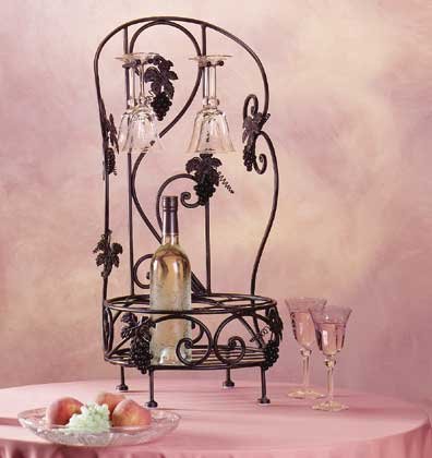 34318 Metal and Grapes Wine Rack and Glass Holder