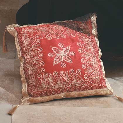 35021 Gold Embroidered Red cushion With Tassels