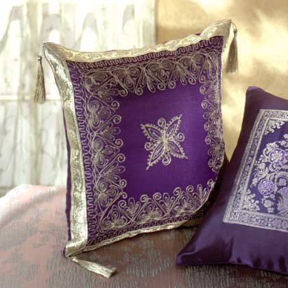 35023 Gold Embroidered Purple Cushion with Tassels