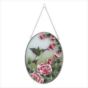 33607 Oval Glass Suncatcher with Hummingbirds