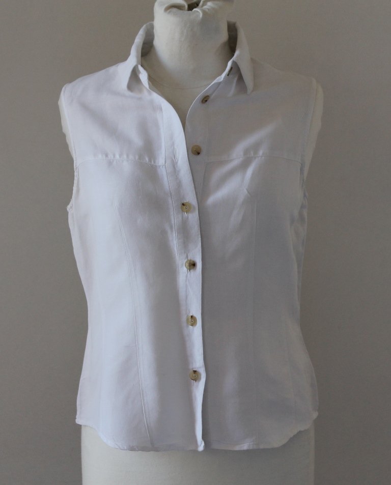 Women Button up Sexy Sleeveless White Blouse top shirt chemise camicia blusa, sz S