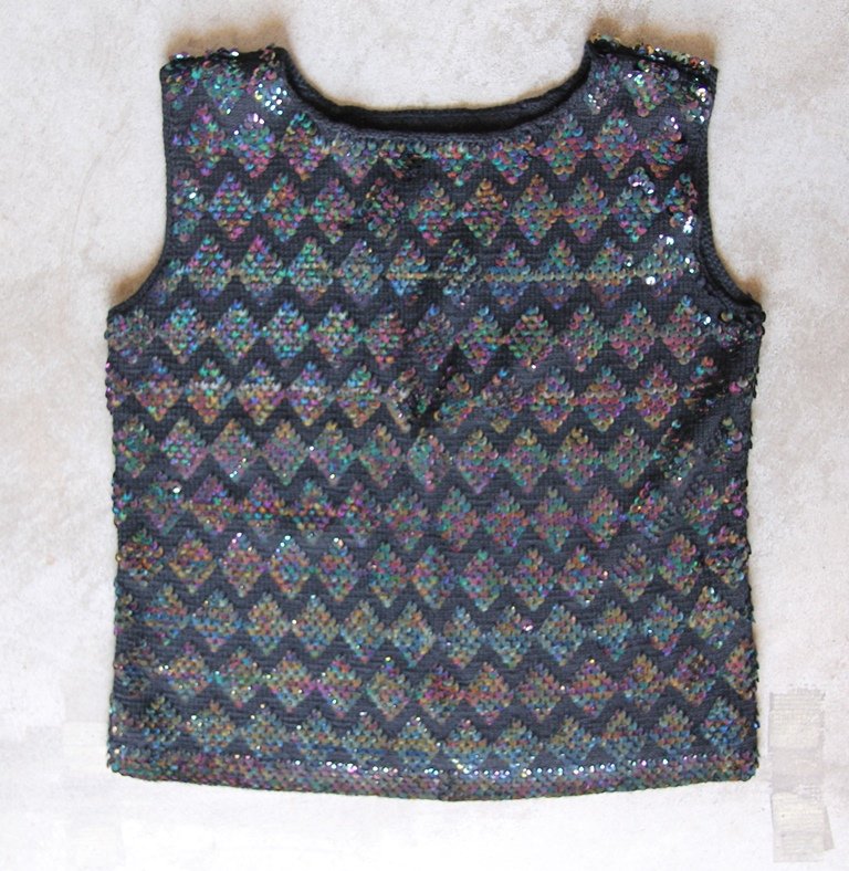 VINTAGE Black Sequin Heavy Beaded Vest Top Camisole Singlet Canotta tank top Sz S